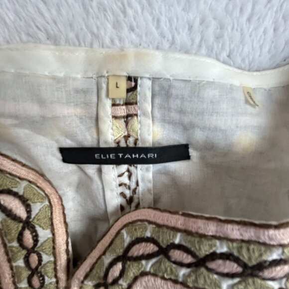 Elie Tahari Womens Embroidered Cotton Silk Blend Jacket Large Beige Printed - Picture 3 of 9